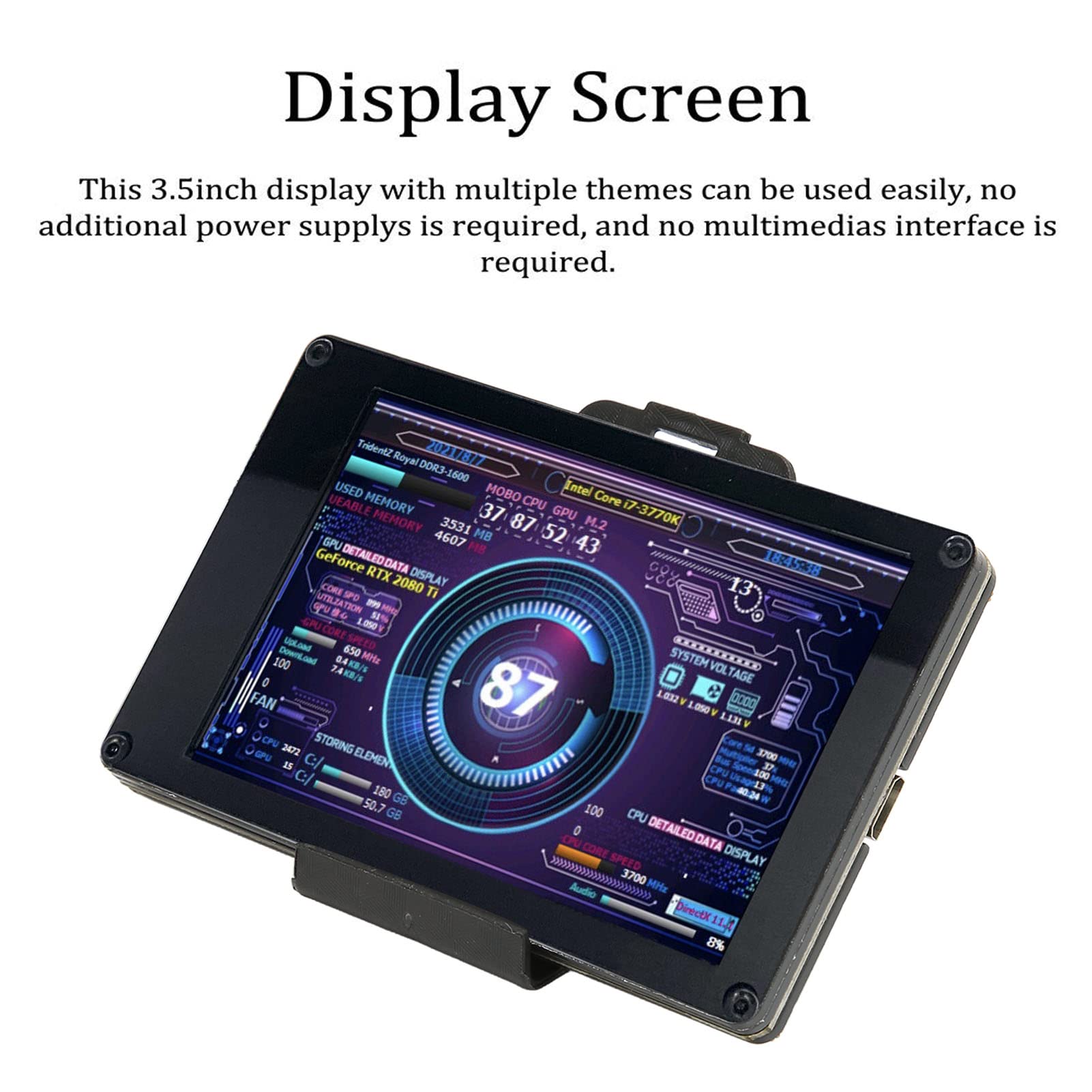 PC CPU HDD Data Monitor, 3.5in IPS Computer Temperature Display with Holder, Live Readouts GPU Internet Speed Weather Visual Theme Editor, USB Computer Temp Monitor for RasPi, for