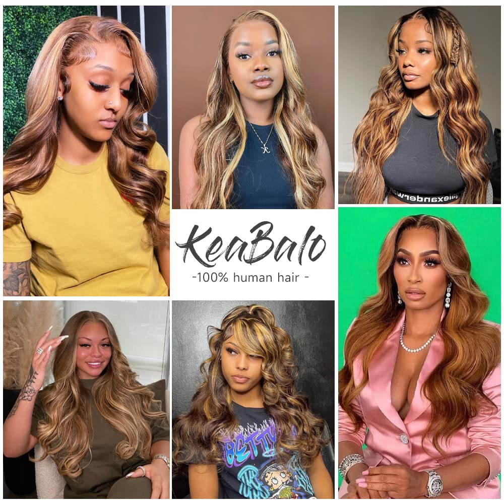 KeaBalo Highlight Ombre Lace Front Wigs Human Hair Pre Plucked with Baby Hair 13x4 Body Wave Frontal Wigs Human Hair 180% Density 4/27 Colored Honey Blonde Lace Front Wig for Women 22 Inch