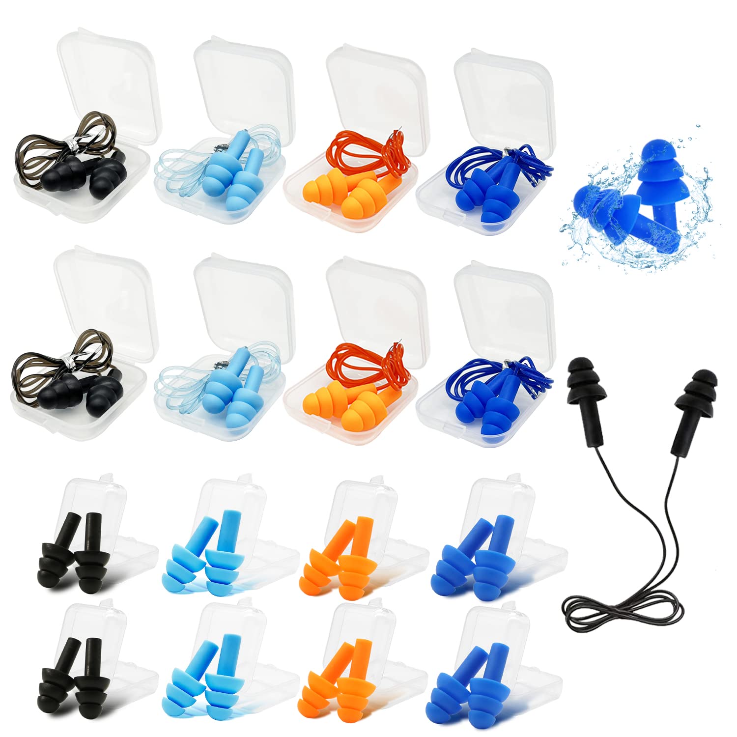 Silicone Ear Plugs for Sleeping,16 Pairs Soft Waterproof Noise Canceling Reduction Earplugs Waterproof Reusable Sound Blocking Earplugs for Concert,Swimming,Study,Loud Noise,Snoring (Dark)