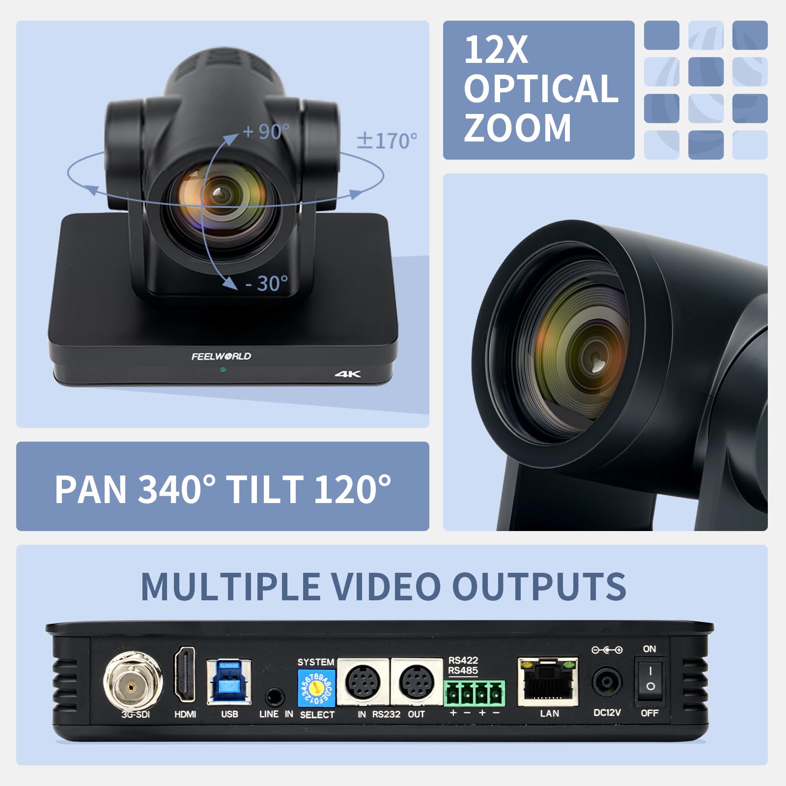 FEELWORLD UHD4K12X 4K PTZ Camera USB POE 12X Optical Pan Tilt Zoom, AI Auto Tracking Fcous SDI HDMI IP Remote Control for Live Streaming Church Video Conference Teaching