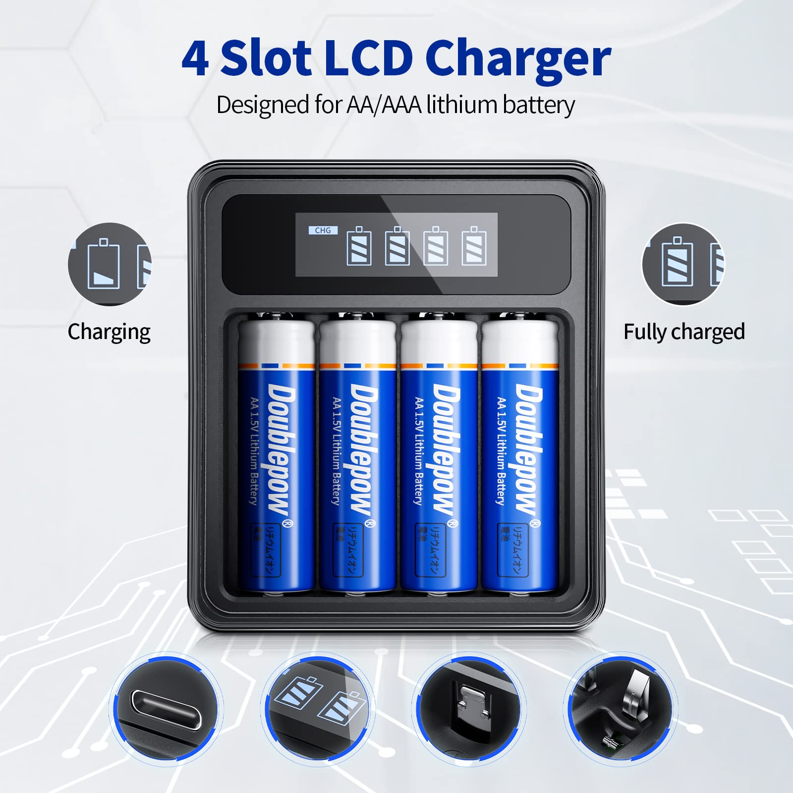 Doublepow Rechargeable AA Batteries with Charger,AA Lithium Batteries with 4 Bay Individual Battery Charger,Fast Charging,8 Pack of 1.5V AA Batteries