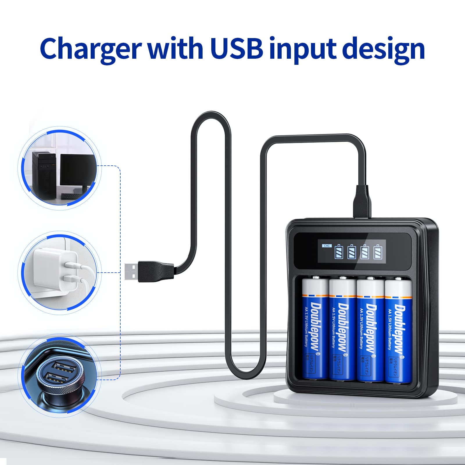 Doublepow Rechargeable AA Batteries with Charger,AA Lithium Batteries with 4 Bay Individual Battery Charger,Fast Charging,8 Pack of 1.5V AA Batteries