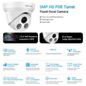 VIKYLIN 5MP Turret POE Camera, 5MP@30fps Outdoor IP Camera with Mic/Audio, AI Human/Vehicle Detection,98ft IR,IP67 5-Megapixel Security Surveillance Cameras (GK2355)