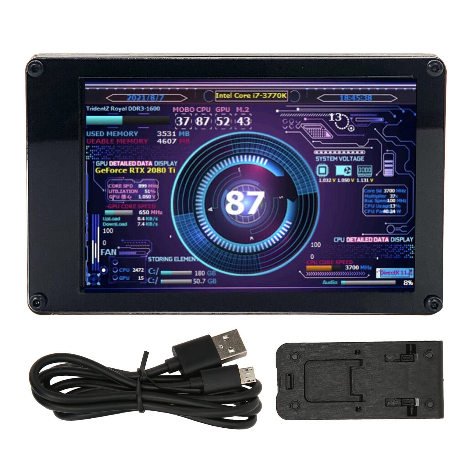 PC CPU HDD Data Monitor, 3.5in IPS Computer Temperature Display with Holder, Live Readouts GPU Internet Speed Weather Visual Theme Editor, USB Computer Temp Monitor for RasPi, for