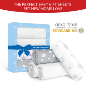 Bassinet Sheets & Waterproof Bassinet Mattress Pad Protector 4 Pack Set, Viscose Made from Bamboo, Universal Fit for Oval, Hourglass and Rectangular Mattress, Grey & White