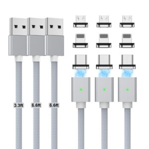 magnetic charging cable 3a fast charging(3 pack,3.3/6.6/6.6ft) 3 in 1 magnetic phone charger with led light, nylon braided, for lightning/usb-c/micro-usb device