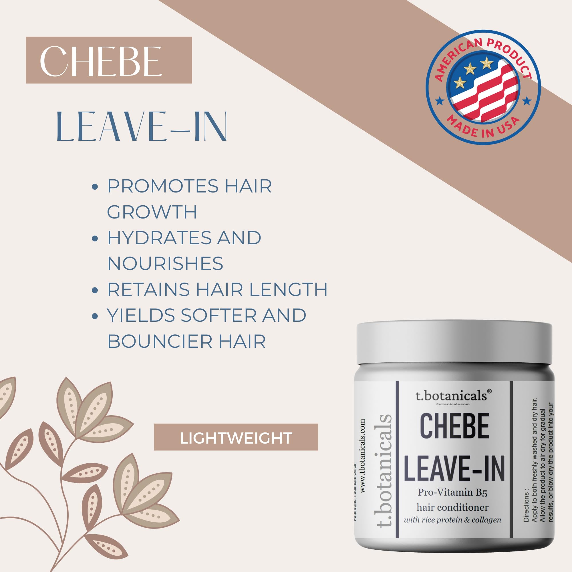 t.botanicals Chebe Leave In Conditioner Hair Growth with Provitamin B5, Thickening Strengthening Chebe Butter, Chebe Powder, Chebe Oil, Silk Amino Acids, Collagen (Lavender, 8 oz)