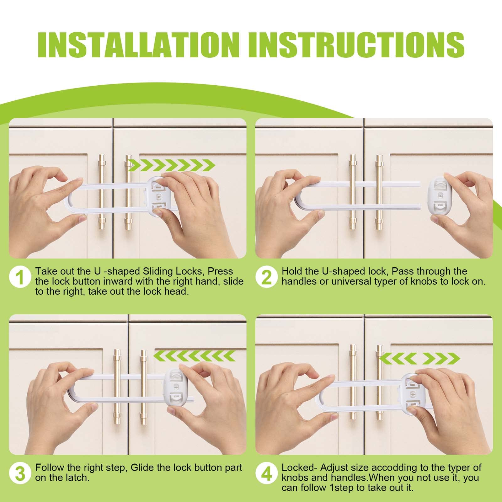 6-Pack Safety Cabinet Locks for babies, Child safety cabinet locks, baby Proof Cabinet latches, Adjustable U-Shaped Sliding Child locks for Closet cabinets Knob Handle(WHITE)