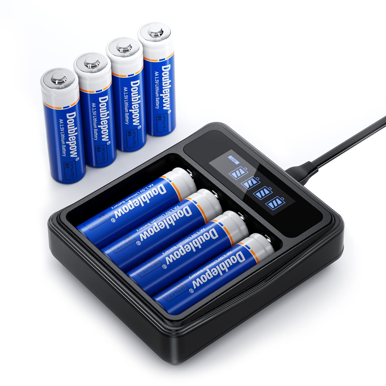 Doublepow Rechargeable AA Batteries with Charger,AA Lithium Batteries with 4 Bay Individual Battery Charger,Fast Charging,8 Pack of 1.5V AA Batteries