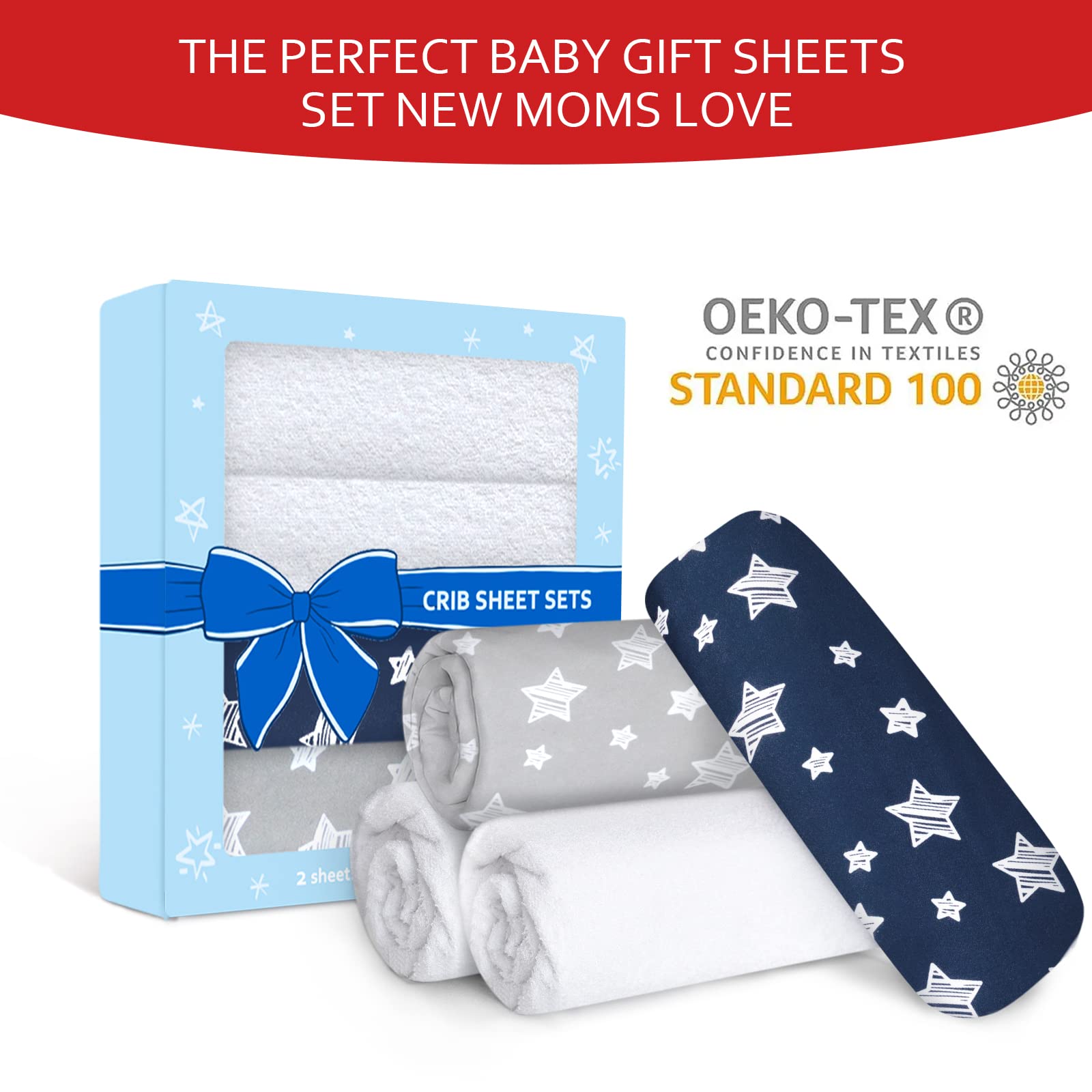 Crib Sheets & Waterproof Crib Mattress Protector for Boys 4 Pack Set, Viscose Made from Bamboo, Waterproof Crib Sheets Mattress Pad Cover, Grey & Navy