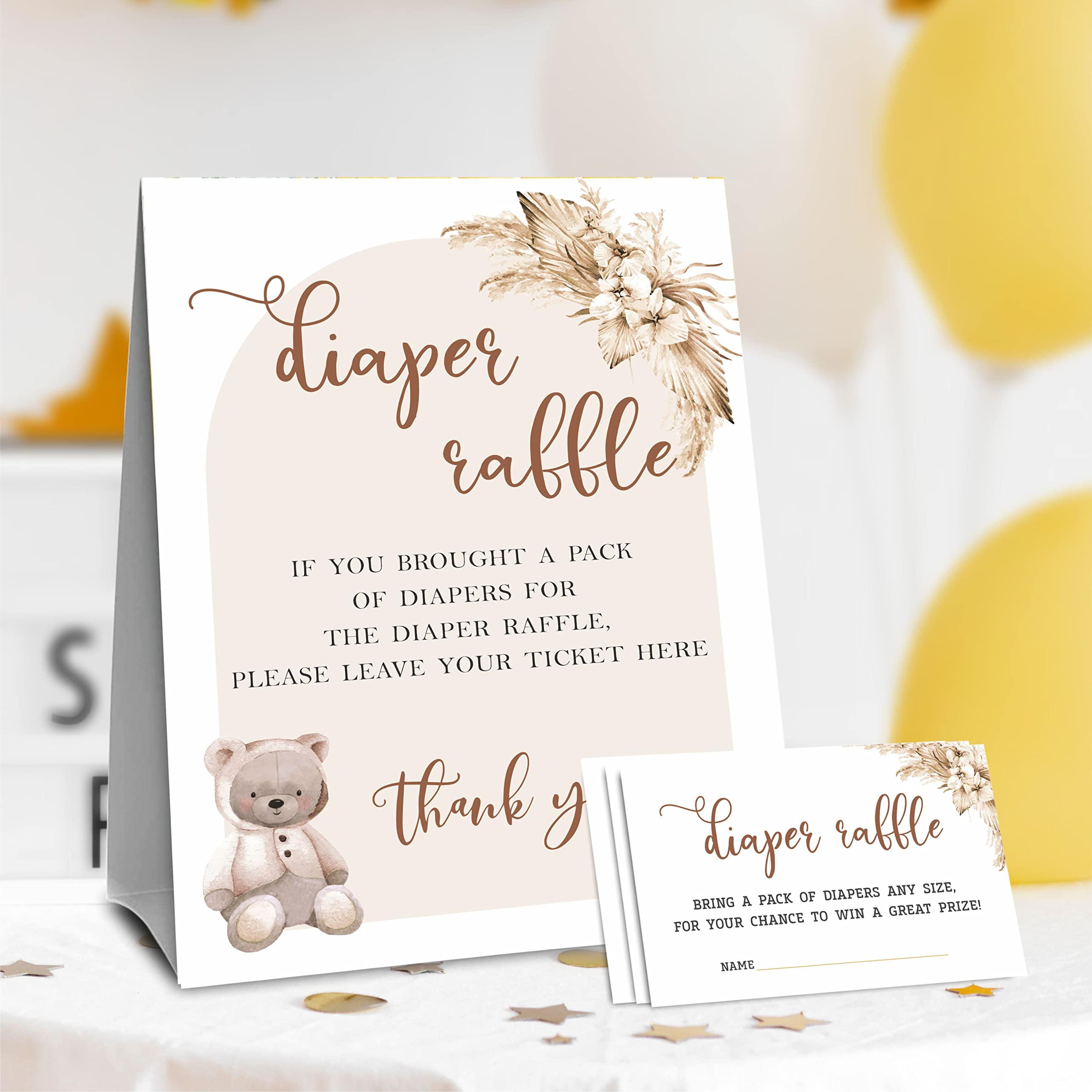 DYIRBIIY Bear Diaper Raffle Shower Game Cards - Boho Pampas Grass -1 Self-Standing Diaper Raffle Sign and 50 Diaper Raffle Tickets -(LBLK-004)