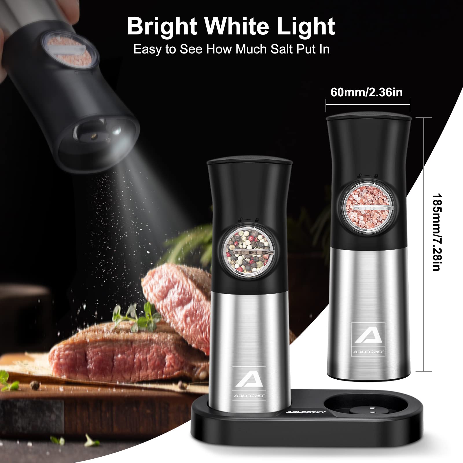 ABLEGRID Gravity Electric Salt and Pepper Grinder Set,Rechargeable Automatic Salt & Pepper Mill Grinders Refillable,Coarseness Adjustable,Stainless Steel,with USB-C Charging Base,LED Light,Dust Cap