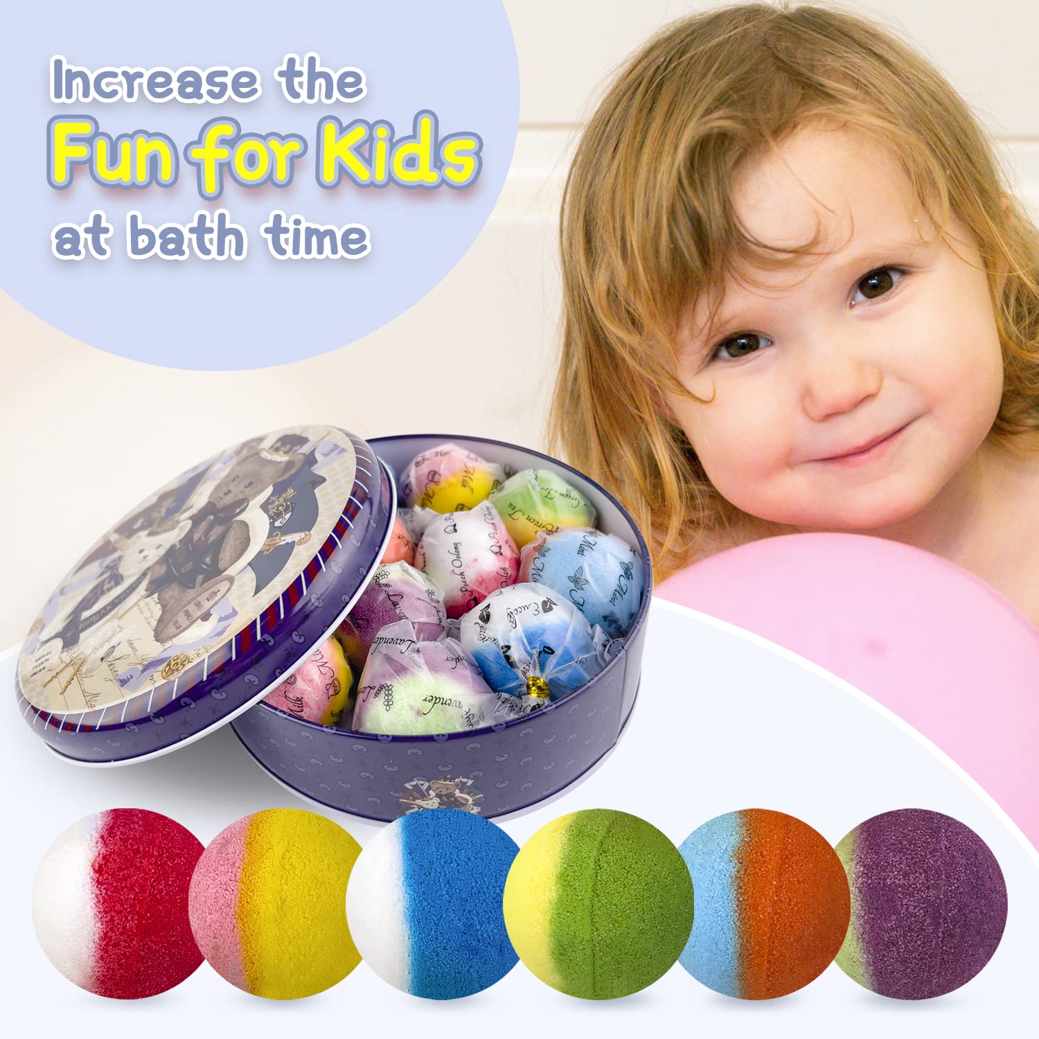 Bath Bombs for Kids,12pcs+1 Squeak toy Bath Bombs with Surprise Crystal Toys Inside, Handmade Natural and Organic Bubble Bath Bombs with Gift Tin Box, Birthday Christmas Easter Gift for Girls and Boys