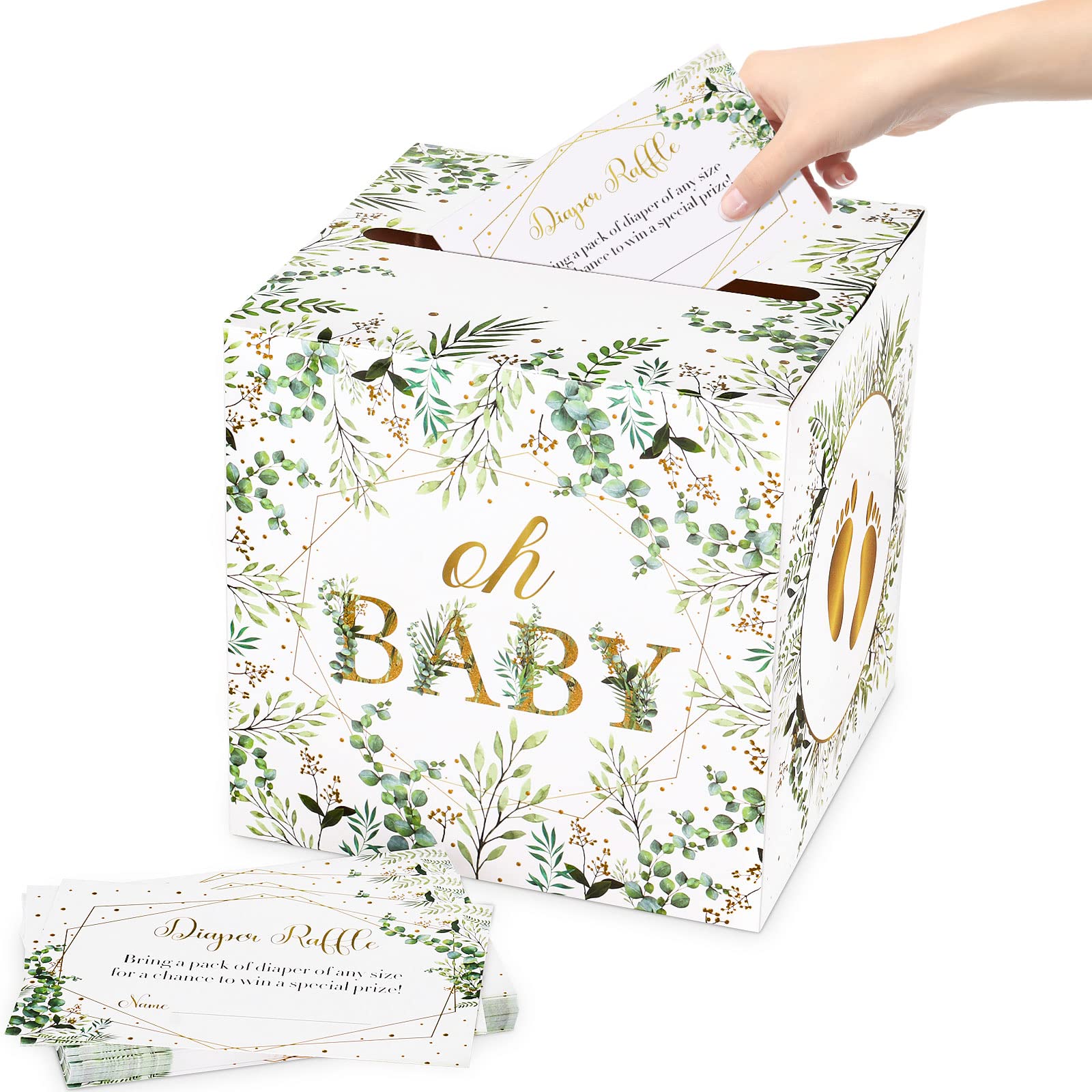 Eaezerav 50 Pcs Greenery Diaper Raffle Tickets with Diaper Raffle Box Baby Shower Card Holder Box Diaper Raffle Insert Ticket for Greeney Baby Shower Decorations Raffle Party Game