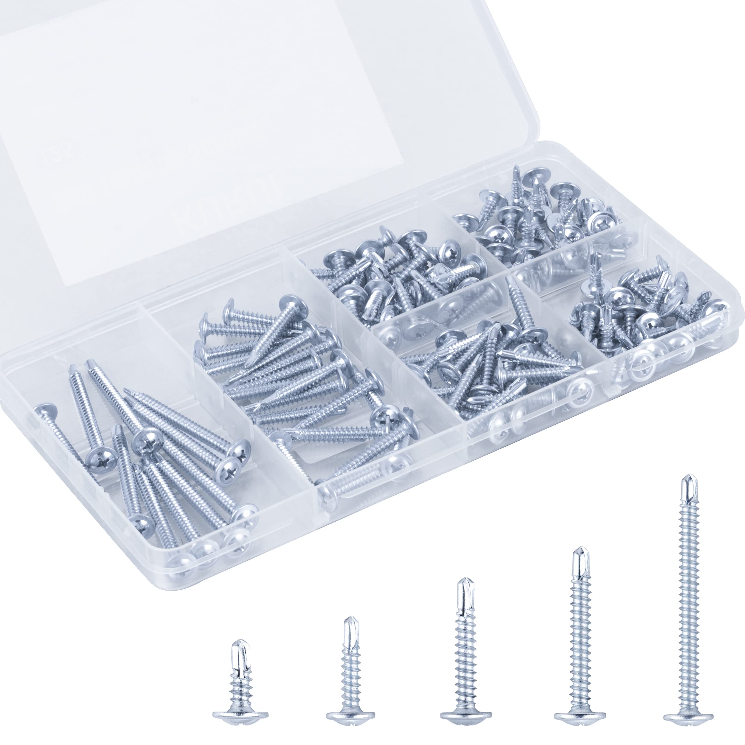 KURUI Self Tapping Screws Assortment Kit, #8 Sheet Metal Screws for Metal Wood & Plastic, 125Pcs Galvanized Truss Head Self Drilling Screws in 5 Sizes (1/2, 3/4, 1-1/4, 1in, 2in)