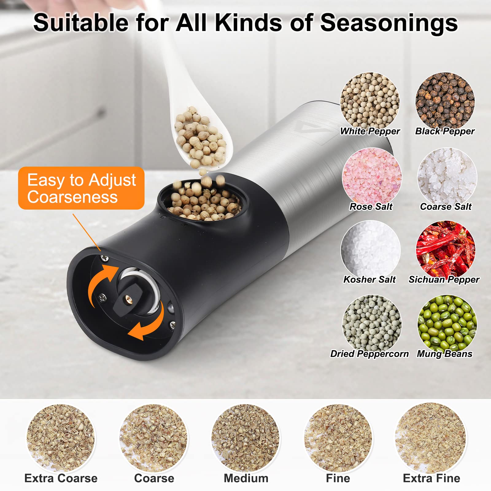 ABLEGRID Gravity Electric Salt and Pepper Grinder Set,Rechargeable Automatic Salt & Pepper Mill Grinders Refillable,Coarseness Adjustable,Stainless Steel,with USB-C Charging Base,LED Light,Dust Cap