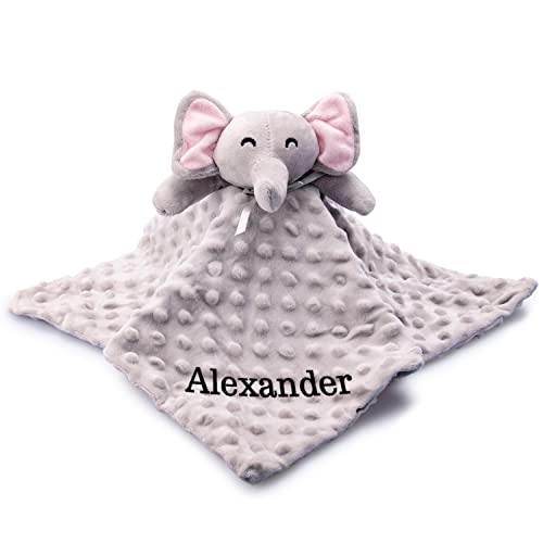 Brd Gifts Personalized Security Blanket for Girls and Boys - Elephant - Newborn Gifts, 16x16, Baby Snuggle Toy - Infant Lovey Blankie, Custom Embroidered Baby Blanket - Regalos para Recién Nacidos