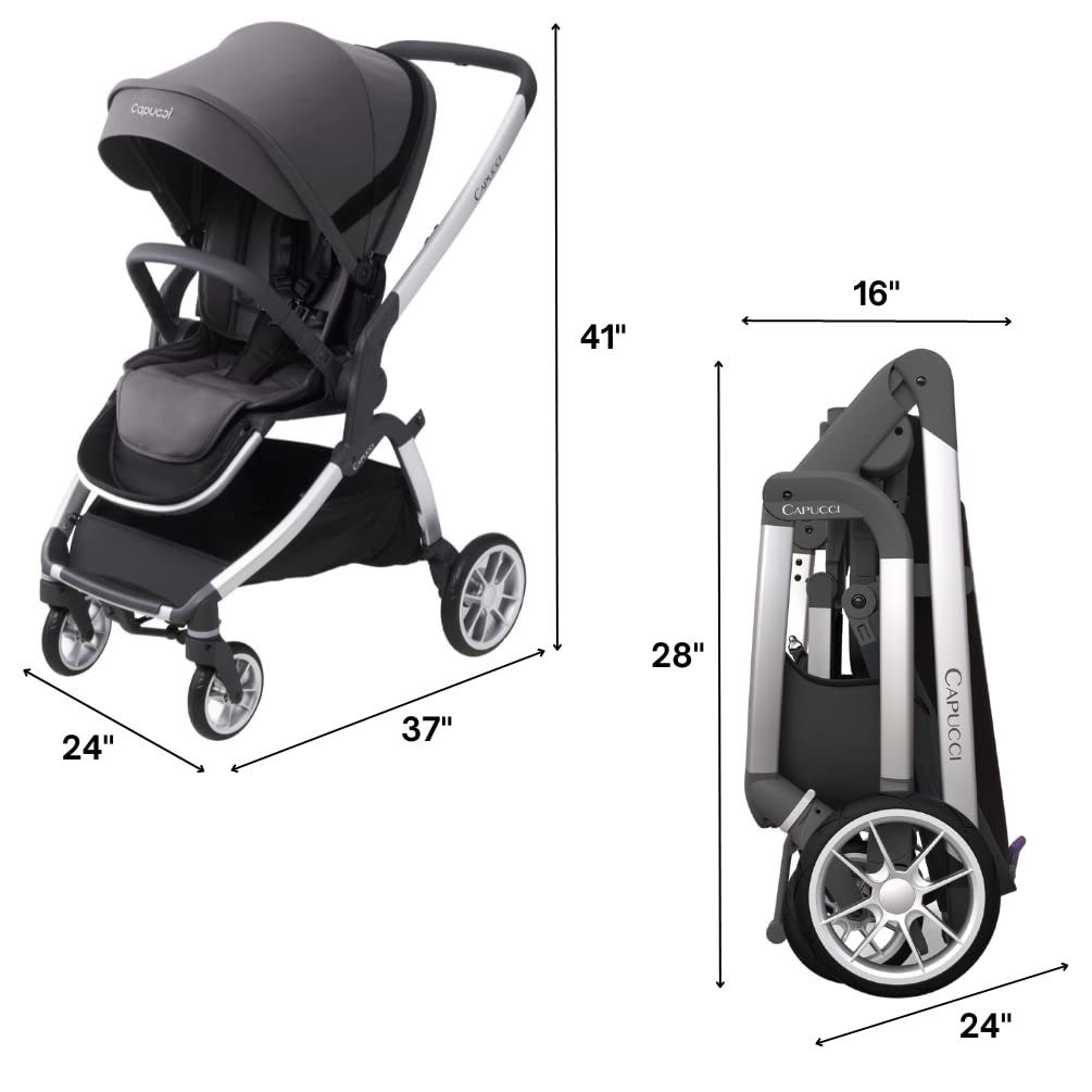 Capucci Velos Stroller - Premium Modular & Comfort, Self Standing with One Hand Auto Fold, Versatile Seat Options Baby Stroller with Car Seat Adapter and Ample Storage, Classic Gray