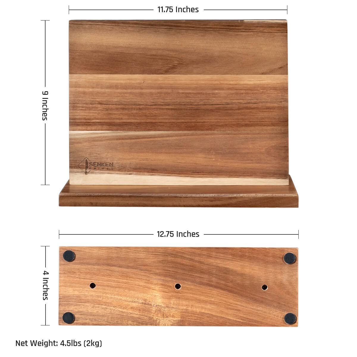 SENKEN Natural Acacia Hardwood Magnetic Knife Block - Double Sided Ultra Strong Neodymium Magnets - Knife Holder for 12+ Knives and Scissors