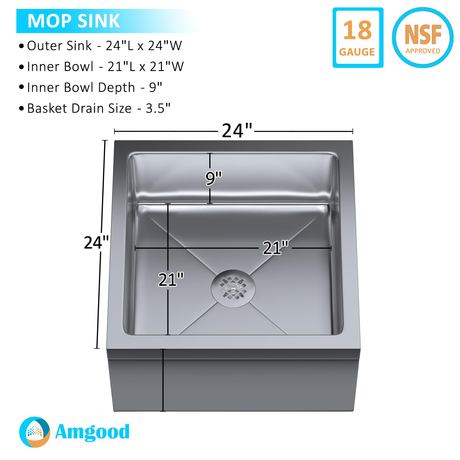 Stainless Steel Floor Mop Sink | 24" x 24" x 13" Sink | 304 Stainless Steel | NSF