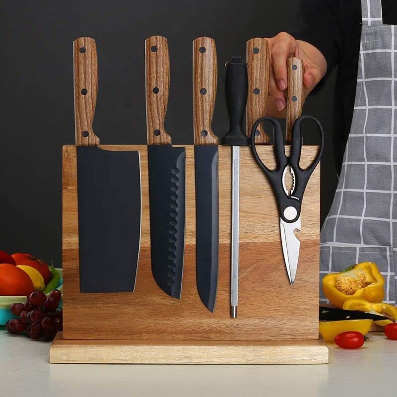 SENKEN Natural Acacia Hardwood Magnetic Knife Block - Double Sided Ultra Strong Neodymium Magnets - Knife Holder for 12+ Knives and Scissors