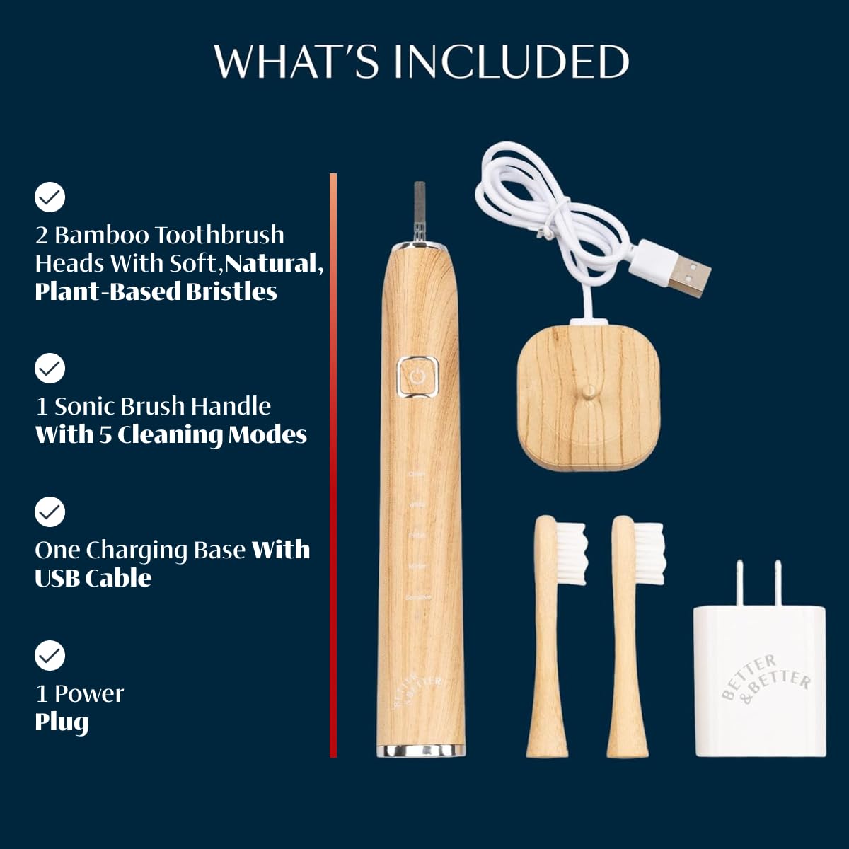 Better & Better Sonic Bamboo Electric Toothbrush for Adults | Rechargeable Electric Bamboo Toothbrush w/Plant-Based Bristles | Soft Bamboo Brush Heads incl. | 5 Cleaning Modes & Long-Lasting Battery