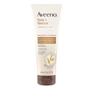 aveeno fragrance-free body scrub for smoother, more even skin tone - prebiotic oat formula for sensitive skin, exfoliating and renewing, 8 oz