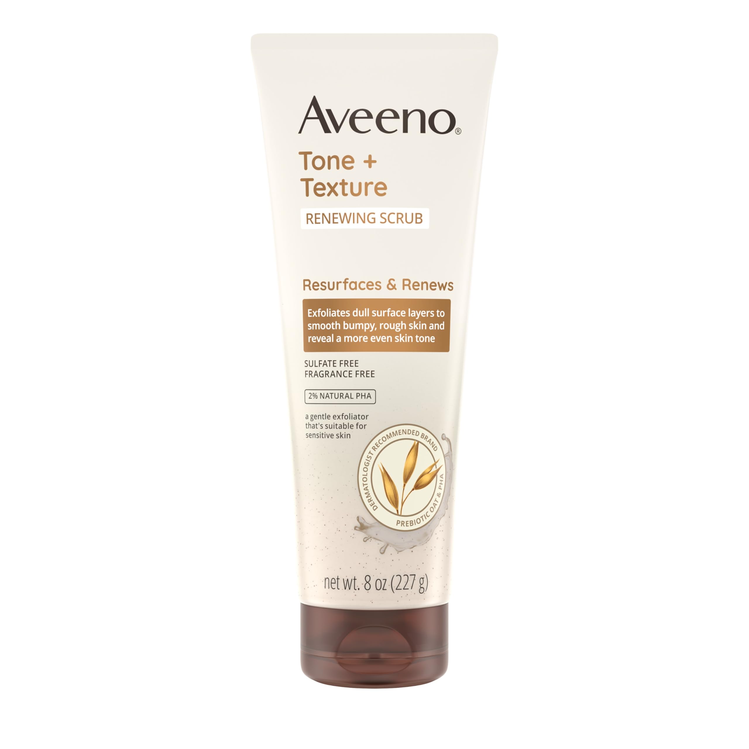 Aveeno Fragrance-Free Body Scrub for Smoother, More Even Skin Tone - Prebiotic Oat Formula for Sensitive Skin, Exfoliating and Renewing, 8 oz