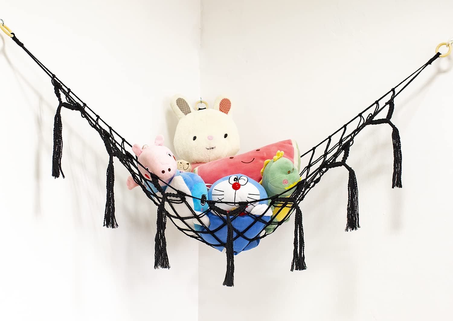 Stuffed Animal Storage Net - with Warm White LED String Star Lights, Wall Hooks- Stuffed Animal Hammock - Corner Net for Stuffed Animals for Wall - (X-Large - Black))