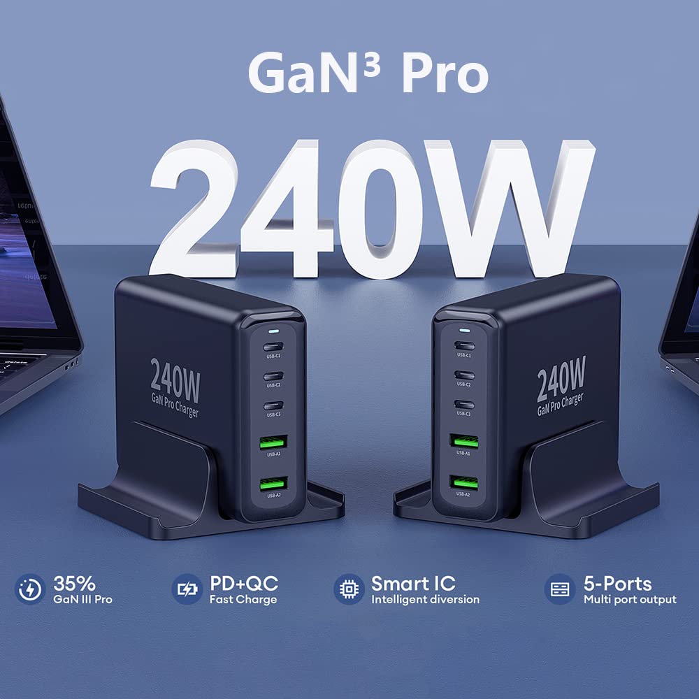 240W USB C Charger Station, Aftertop 5-Ports 200W PD 100W PPS 45W QC30W Laptop GaN Power Adapter for MacBook Pro/Air iPad iPhone 15 14 Plus 13 12 Pro Max Samsung Galaxy S23/S22 Pixel and More