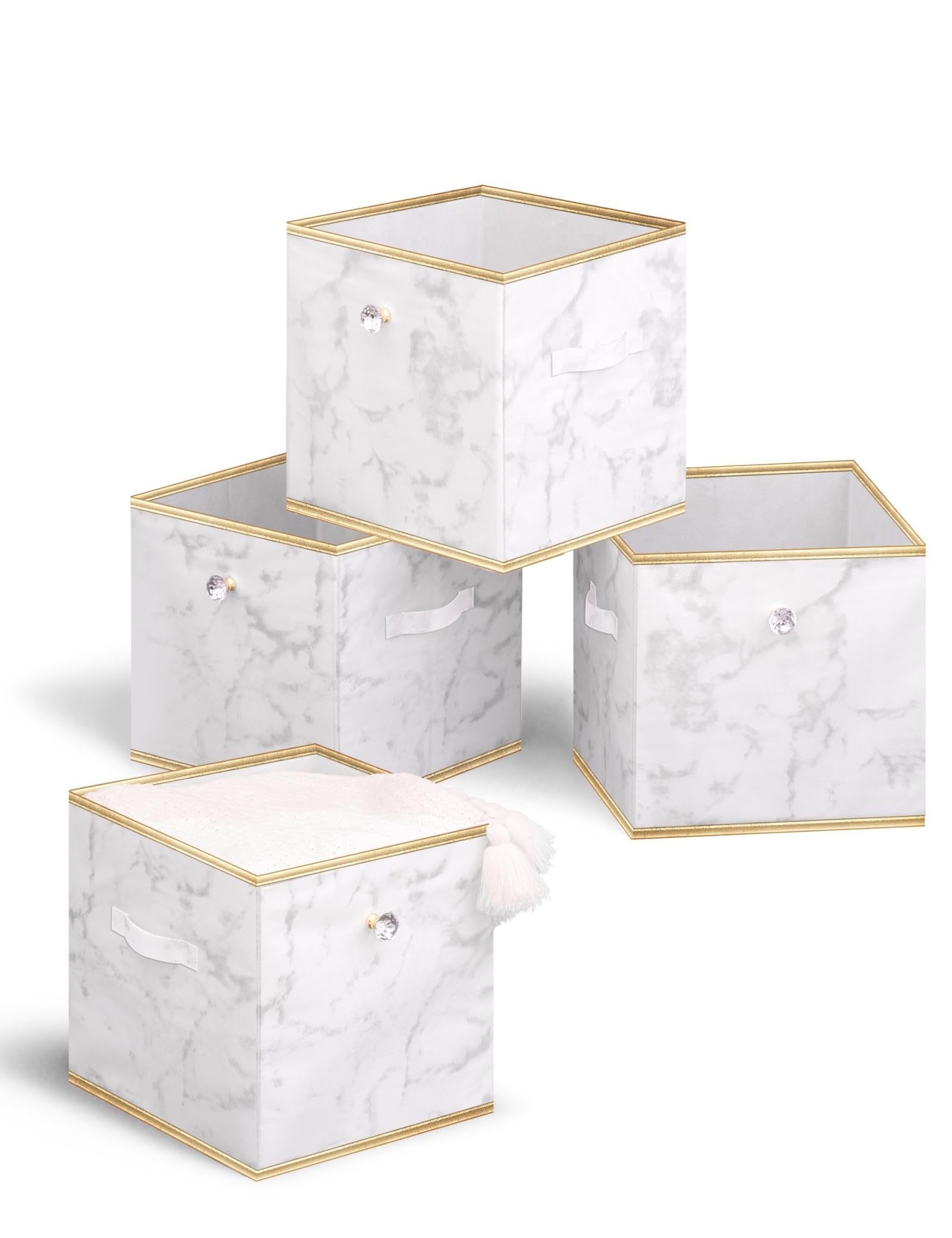 MYTHAUS Storage Cubes Fabric Bins - Foldable Cube Storage Bin,Closet Organizer with Decorative Knob,Dual Handles Storage Basket,13 Inch for Nursery/Home Office/Closet 4 Pack(White Marble)