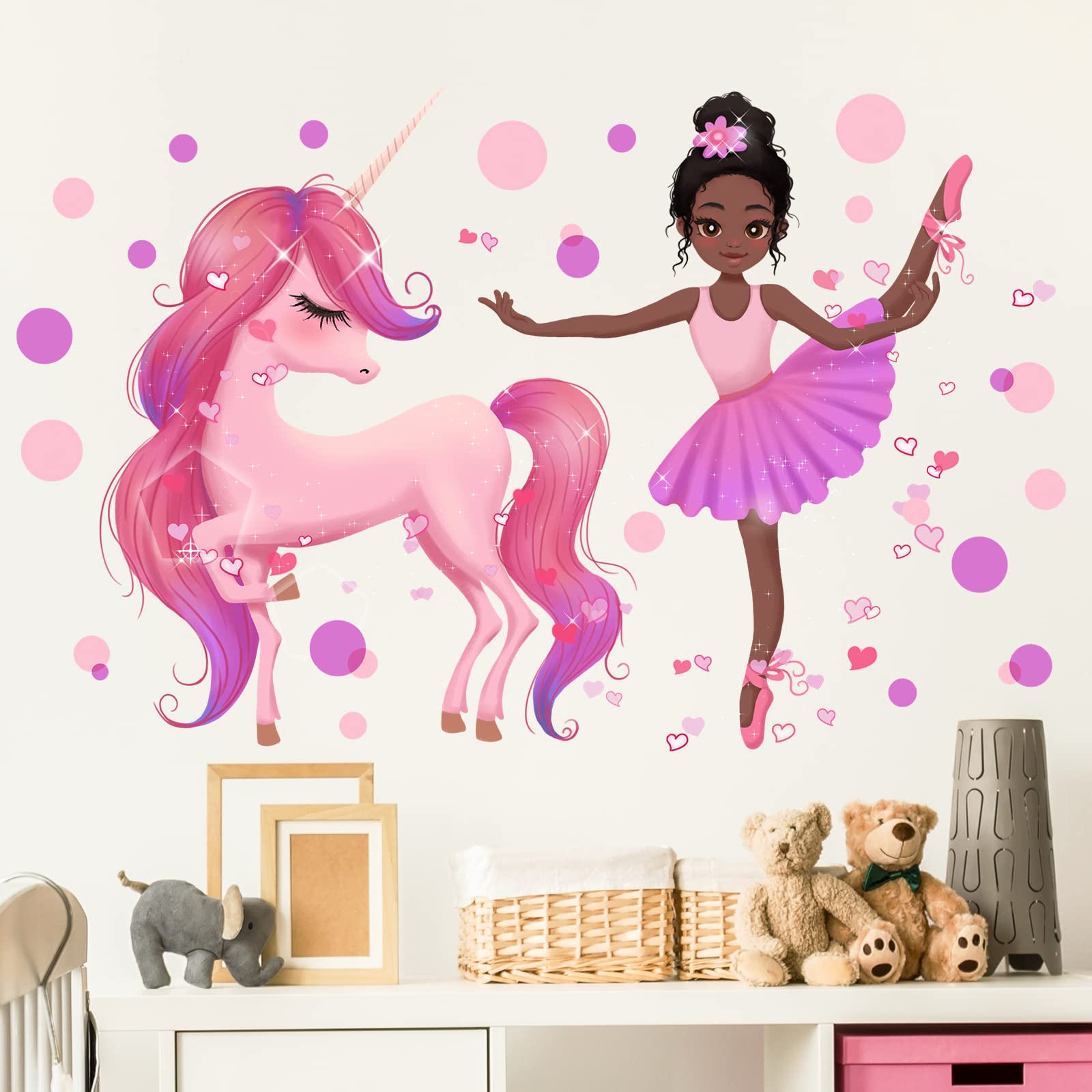 RoyoLam Black Ballet Girl with Unicorn Wall Decals Nursery Preschool Wall Stickers for Kid Baby Girl Removable Peel and Stick Waterproof Wall Art Decor Stickers for Living Room Bedroom Bathroom