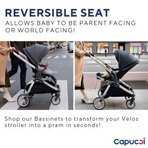 Capucci Velos Stroller - Premium Modular & Comfort, Self Standing with One Hand Auto Fold, Versatile Seat Options Baby Stroller with Car Seat Adapter and Ample Storage, Classic Gray