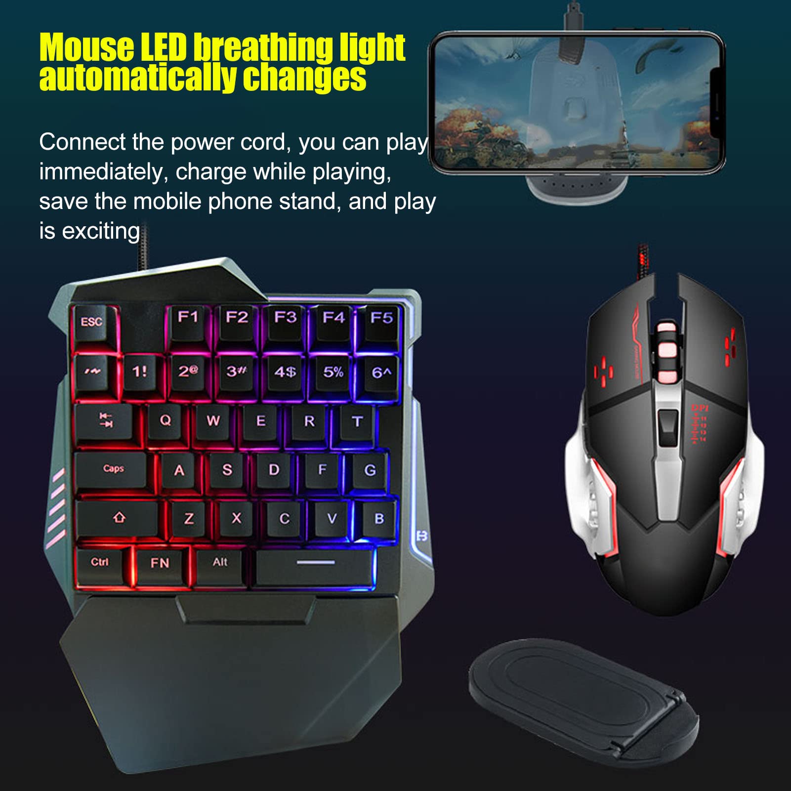 Dilwe One Hand RGB Gaming Keyboard and Backlit Mouse Combo, USB Wired 35 Keys Keyboard 6 Keys Gaming Mouse Converter Set with Bracket for PC Gamer