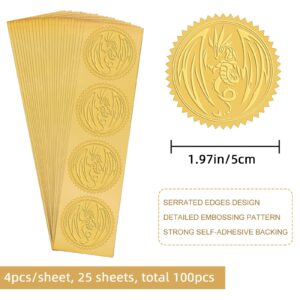 CRASPIRE 2" Gold Foil Sticker Dragon 100pcs Certificate Seals Gold Embossed Round Embossed Foil Seal Stickers for Envelopes Invitation Card Diplomas Awards Graduation Celebration