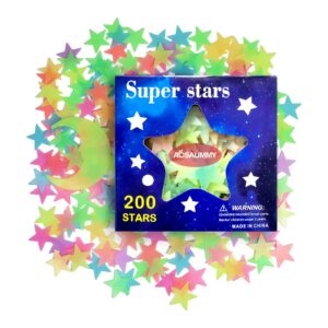 glow in the dark stars stickers, acsaummy 201pcs colorful super bright plastic large glow in the dark stars for ceiling wall decor 3d luminous ceiling stars and moon stickers decor for kids bedroom