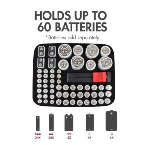 Tenergy Battery Organizer Storage Case with Battery Tester, Holds 60 Batteries AA AAA C D 9V (Batteries not Included)