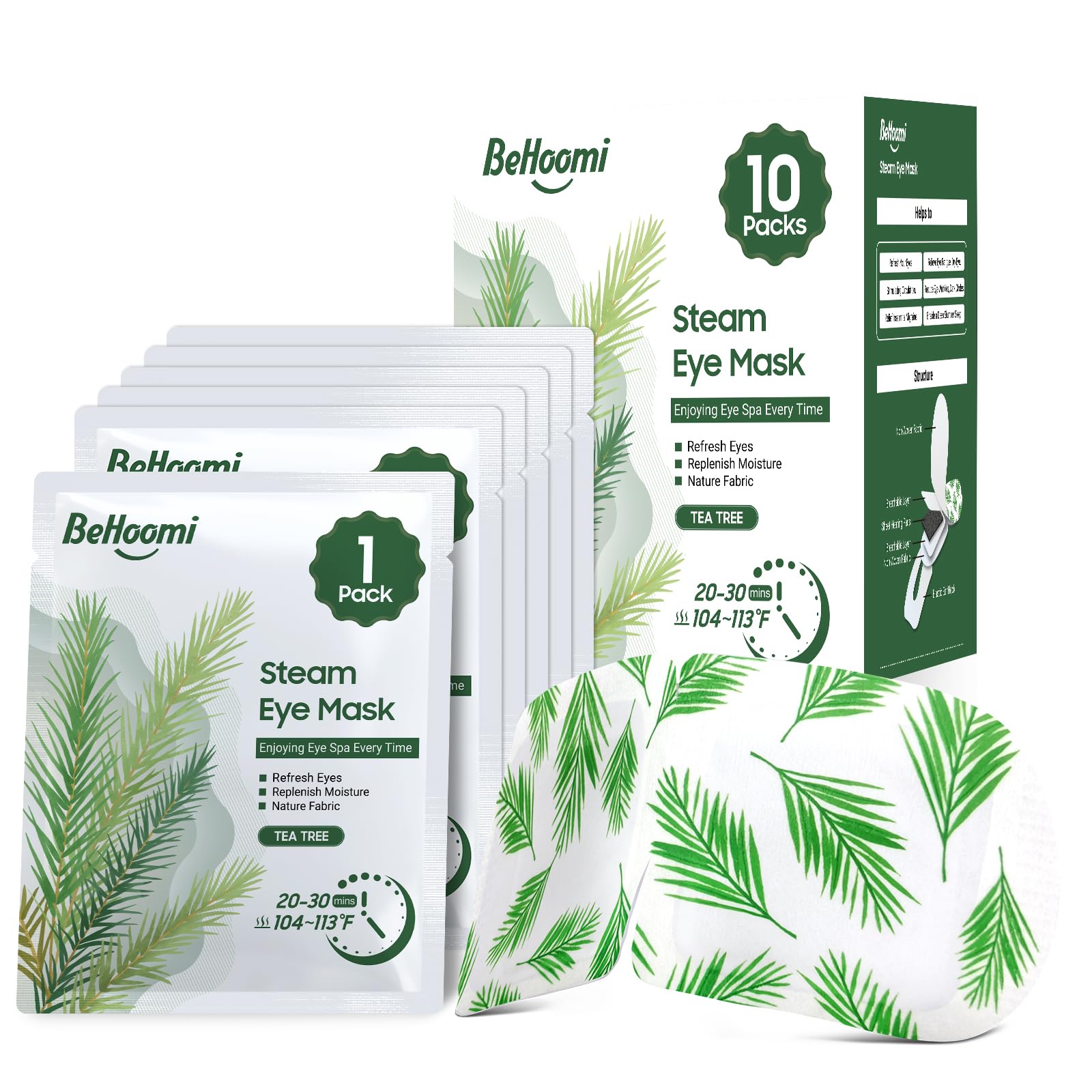 BeHoomi Steam Eye Mask, 10 Packs Heated Eye Mask, Self Heating Disposable SPA Warm Compress for Eyes Sleep Mask, Soothing Moist Heat Eye Masks, Travel Essentials & Relaxation Gifts (Tea Tree Scent)