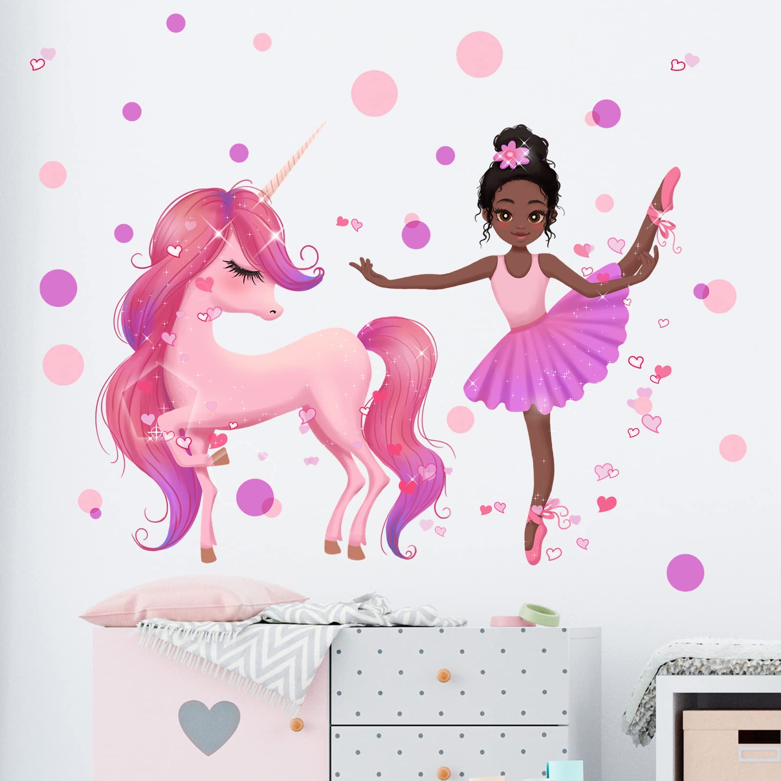 RoyoLam Black Ballet Girl with Unicorn Wall Decals Nursery Preschool Wall Stickers for Kid Baby Girl Removable Peel and Stick Waterproof Wall Art Decor Stickers for Living Room Bedroom Bathroom