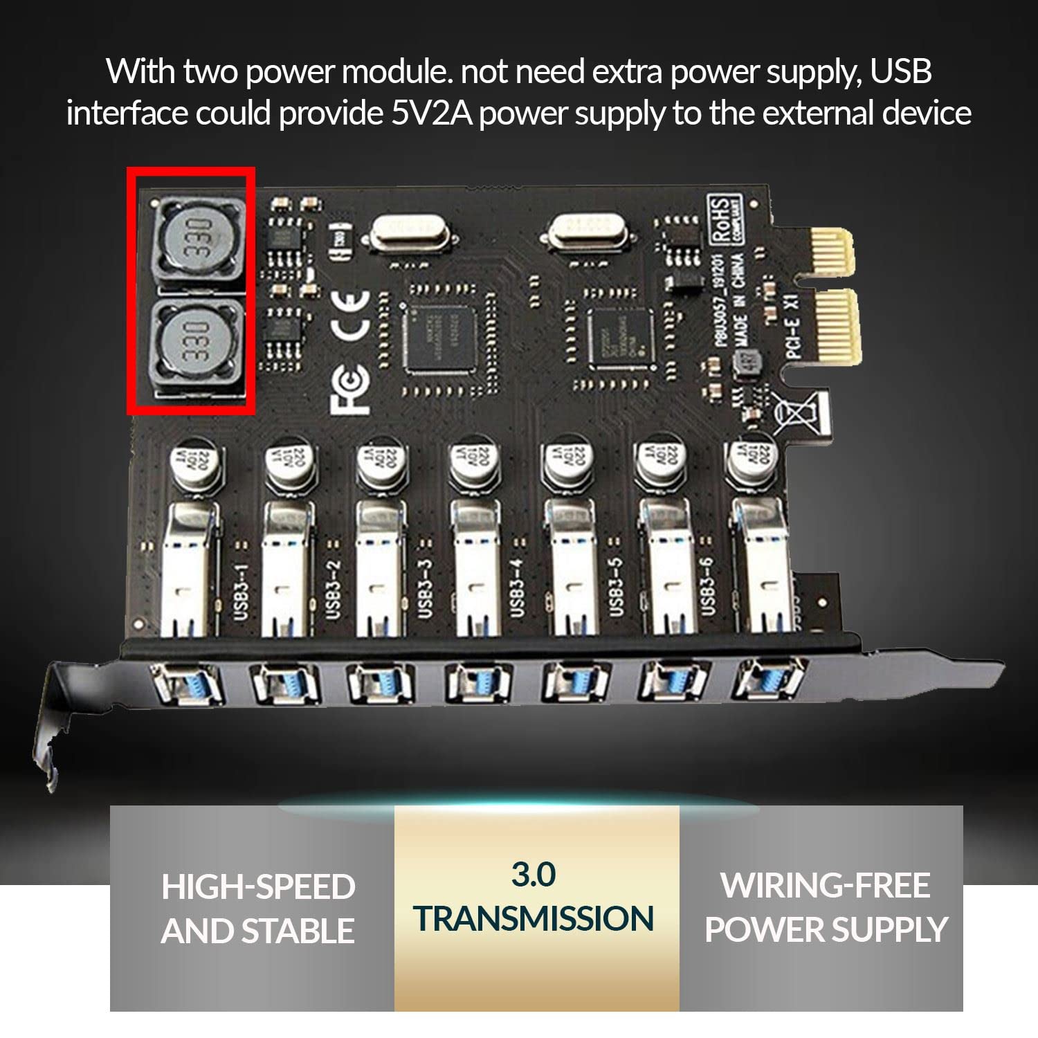 Dracaena 7 Ports USB 3.0 PCI Express USB Expansion Card,USB 3.0 7 Ports Expansion Card,Connect 7 Devices Expanded,Not Compatible with PCIe Riser,Support Desktop PC, Linux/WindowsXP/ 7/8/ 8.1/10