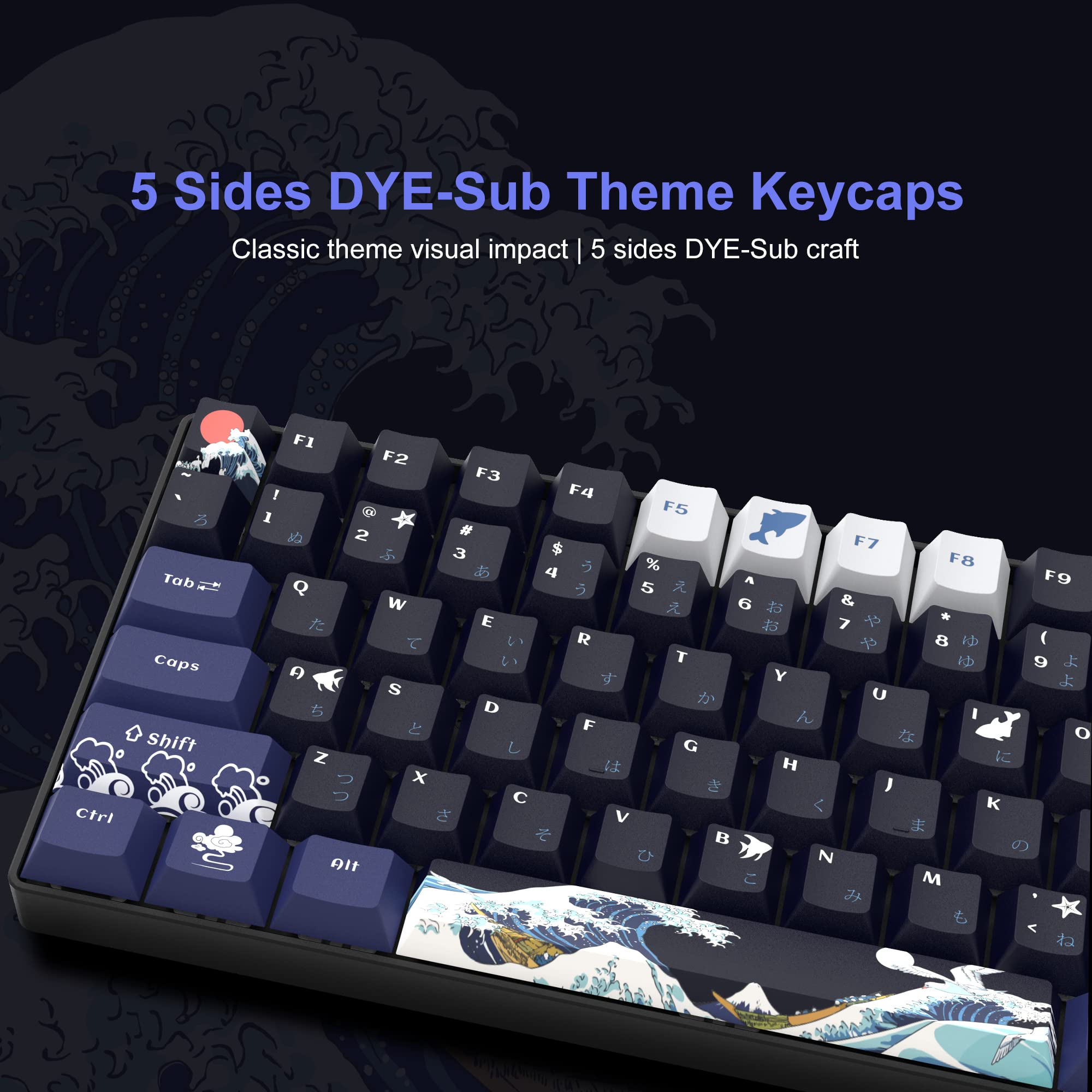 XVX PBT Keycaps 132 Keys, Great Wave Off Kanagawa Japanese Keyboard Keycaps, 5 Side DYE-Sub Custom Keycap Set, Cherry Profile Keycaps for Cherry Gateron MX Switches Mechanical Keyboard