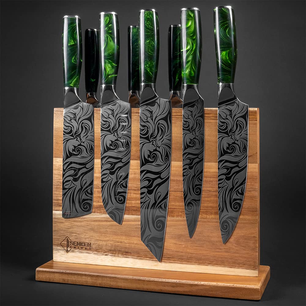 SENKEN Natural Acacia Hardwood Magnetic Knife Block - Double Sided Ultra Strong Neodymium Magnets - Knife Holder for 12+ Knives and Scissors