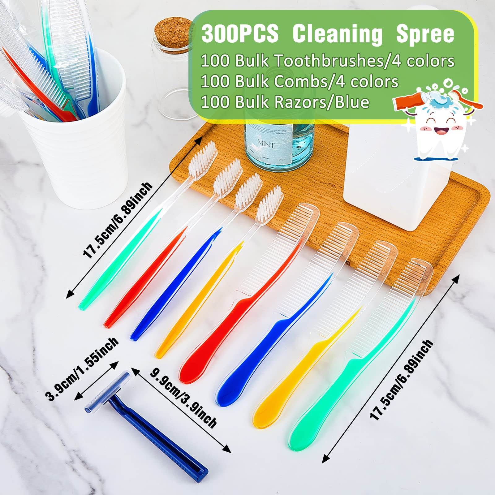 Tessco 300 Pcs Toothbrushes Comb Razors Individually Wrapped Bulk for Homeless 100 Pcs Soft Toothbrush 100 Pcs Travel Hair Comb 100 Pcs Twin Blade Razor for Men Adult Nursing Home Charity Travel Hotel