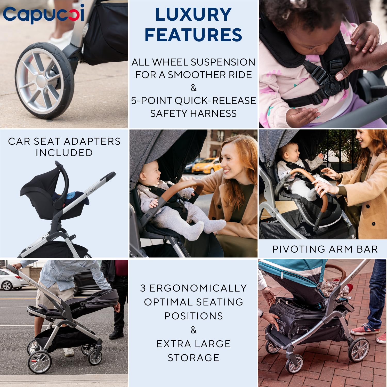 Capucci Velos Stroller - Premium Modular & Comfort, Self Standing with One Hand Auto Fold, Versatile Seat Options Baby Stroller with Car Seat Adapter and Ample Storage, Classic Gray