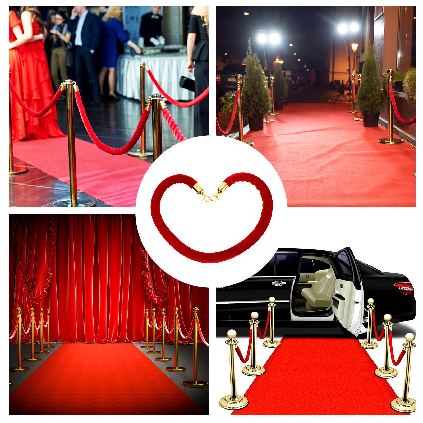 6 Pieces Velvet Stanchion Rope Bulk 4 Feet Party Crowd Control Barrier Safety Velvet Rope with Gold Hook for Movie Theater Opening, Hotel, Carpet, Not Include Stanchion Post(Red)