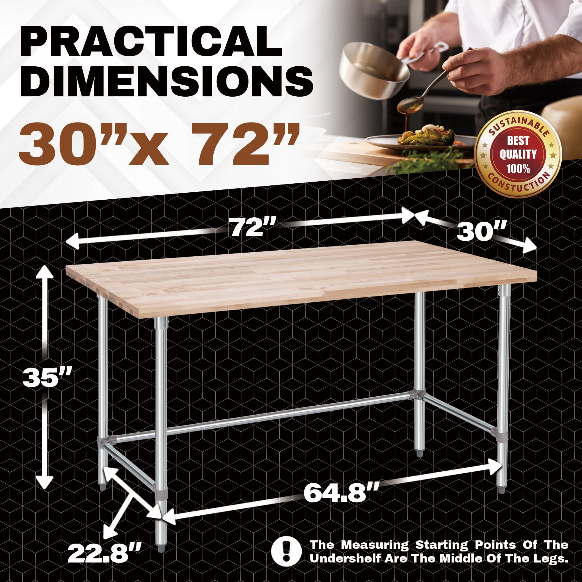 US Maple Top Work Table - 30 x 72 x 35 Inch Commercial Butcher Block Wooden Workbench with Open Base Stabilizing Leg Cross Braces - Fits Restaurant, Warehouse, Home, Kitchen, Garage by DuraSteel