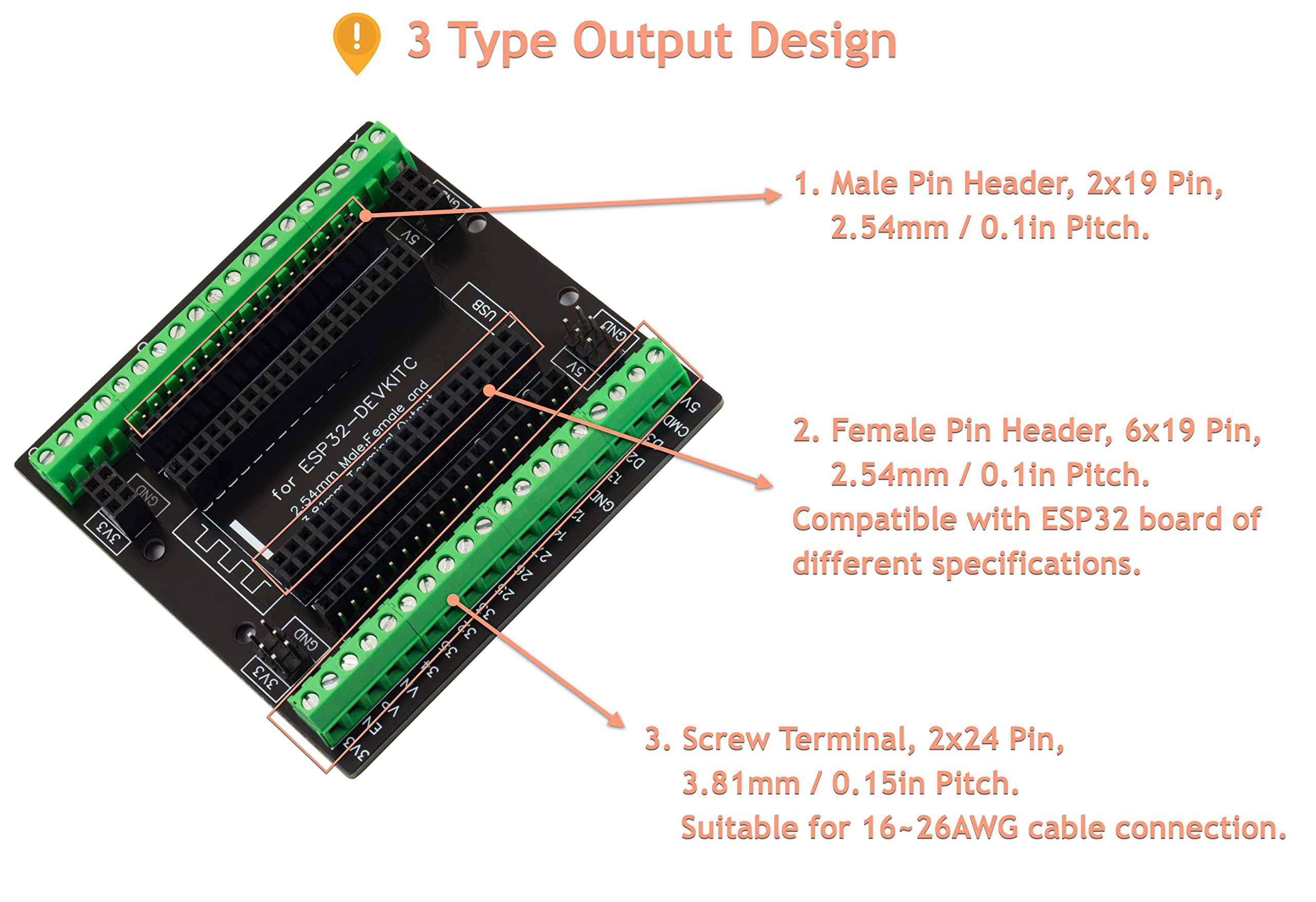 for ESP32 Super Breakout Board 3.81mm / 0.15" Terminal Blocks GPIO Expansion Board 3 Types Output for ESP32 Module ESP-WROOM-32 ESP32-DevKitC