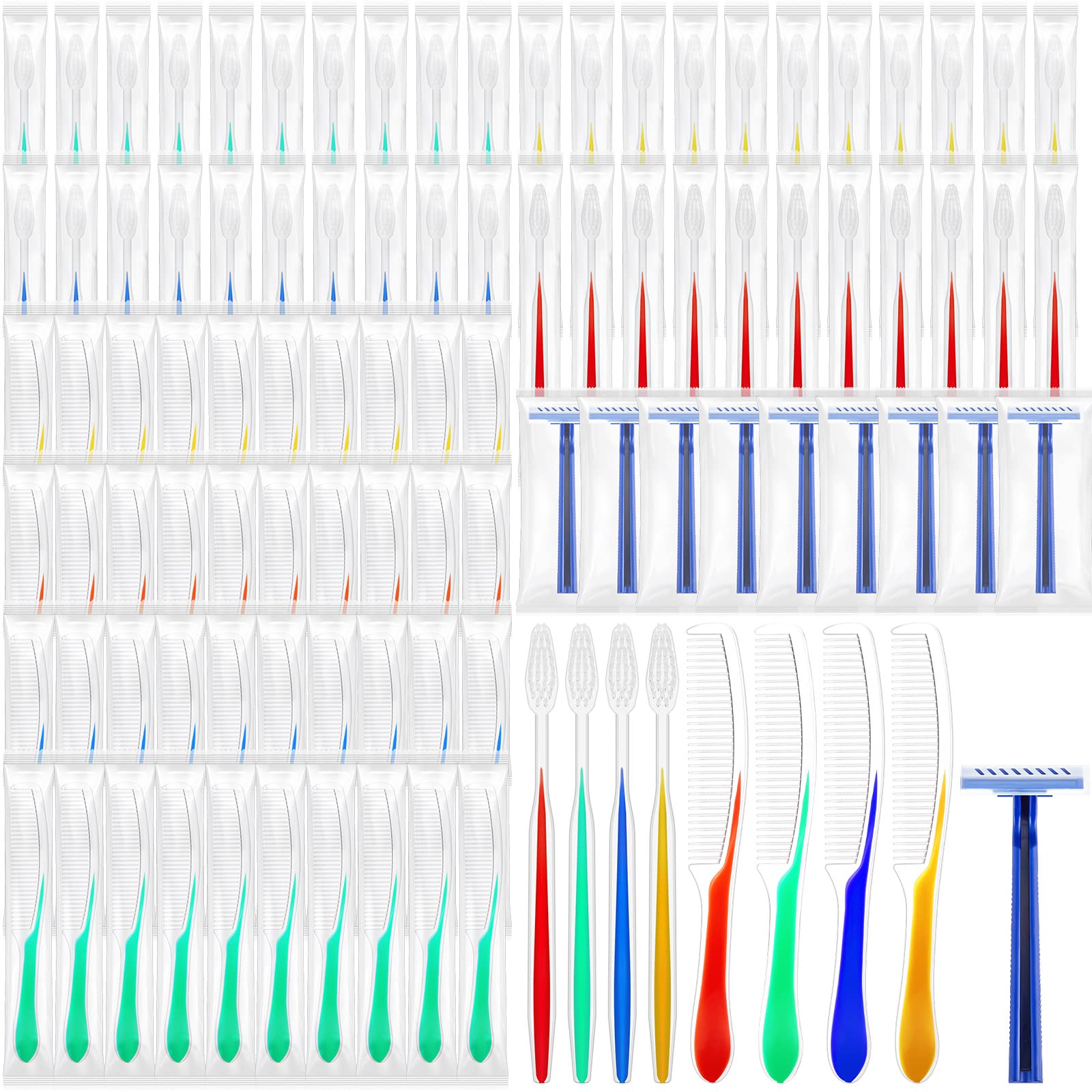 Tessco 300 Pcs Toothbrushes Comb Razors Individually Wrapped Bulk for Homeless 100 Pcs Soft Toothbrush 100 Pcs Travel Hair Comb 100 Pcs Twin Blade Razor for Men Adult Nursing Home Charity Travel Hotel