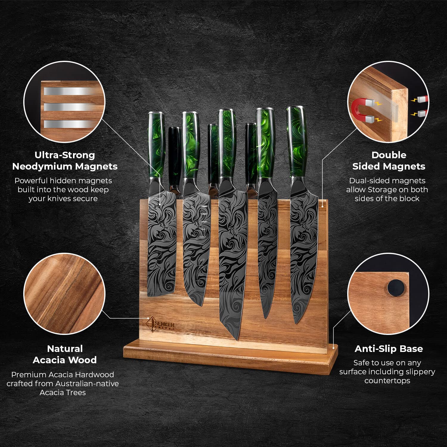 SENKEN Natural Acacia Hardwood Magnetic Knife Block - Double Sided Ultra Strong Neodymium Magnets - Knife Holder for 12+ Knives and Scissors