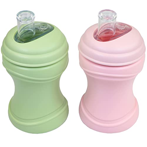 Re-Play 8oz Transition Sippy Cups for Baby Toddler, Medical Grade Silicone Soft Spout & Travel Lid, Easy to Hold Hourglass Shape, Made in USA from Recycled Milk Jugs - Ice Pink/Leaf